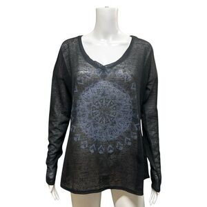Roper Black Graphic Mandala Long Sleeve Top Thin Knit Plus Size 1X